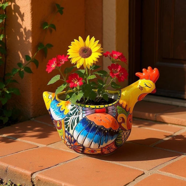 Beautiful Hand Painted Mexican Talavera Sleeping Chicken Hen Planter Pot (Varying Design)