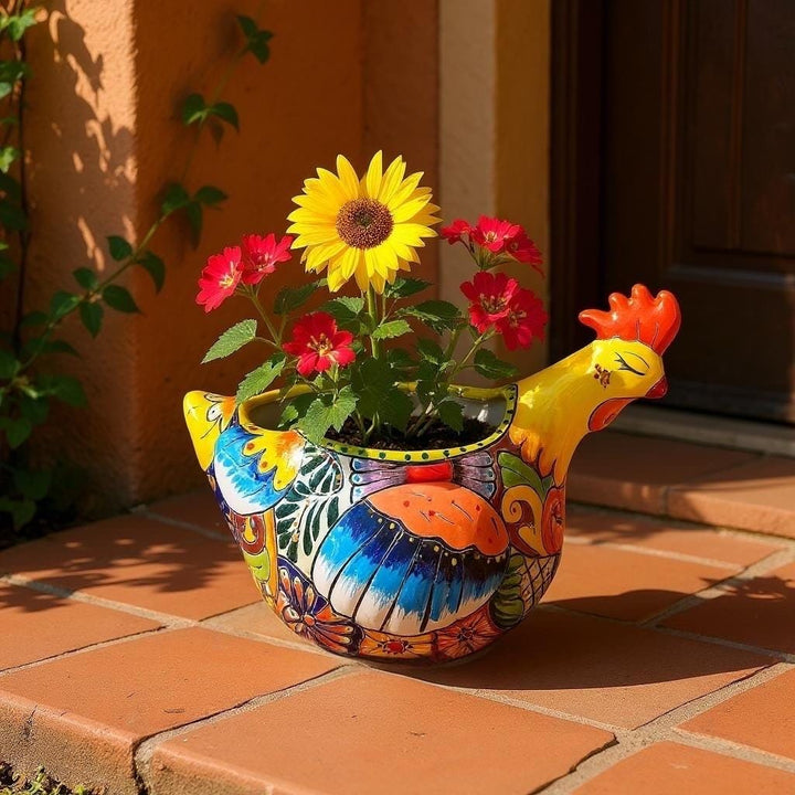 Beautiful Hand Painted Mexican Talavera Sleeping Chicken Hen Planter Pot (Varying Design)