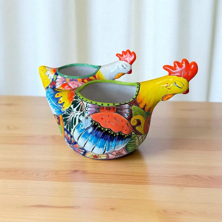 Beautiful Hand Painted Mexican Talavera Sleeping Chicken Hen Planter Pot (Varying Design)