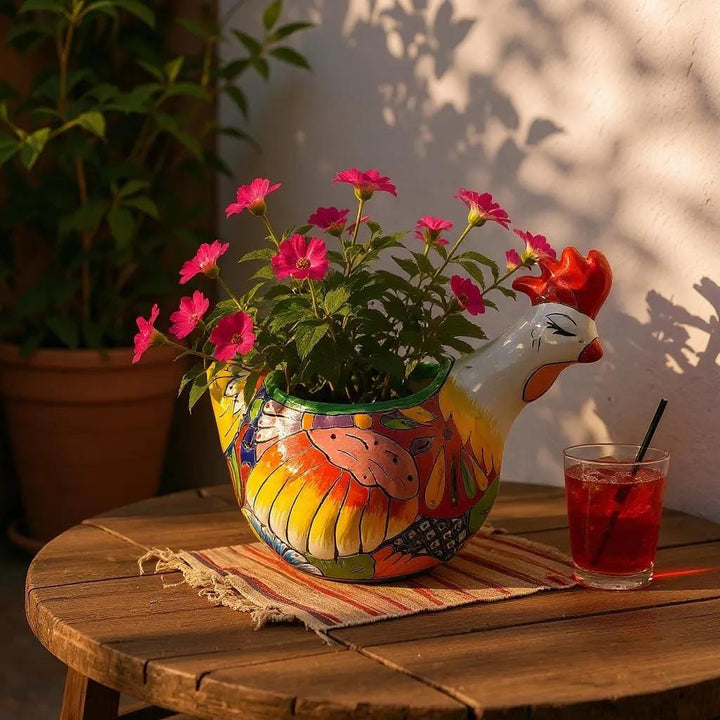 Beautiful Hand Painted Mexican Talavera Sleeping Chicken Hen Planter Pot (Varying Design)