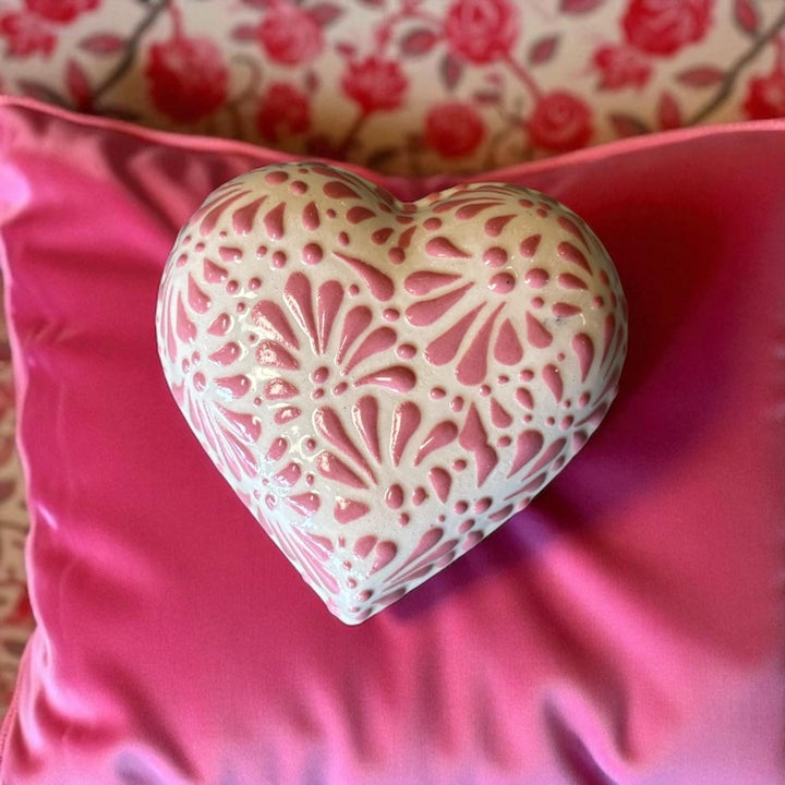 Hand Painted Ivory and Pink Talavera Heart Jewelry Trinket Box