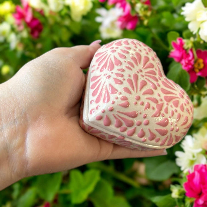 Hand Painted Ivory and Pink Talavera Heart Jewelry Trinket Box