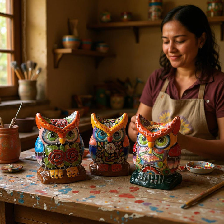 Beautiful Hand Painted Colorful Talavera Owl Planter Pot (Varying Design)