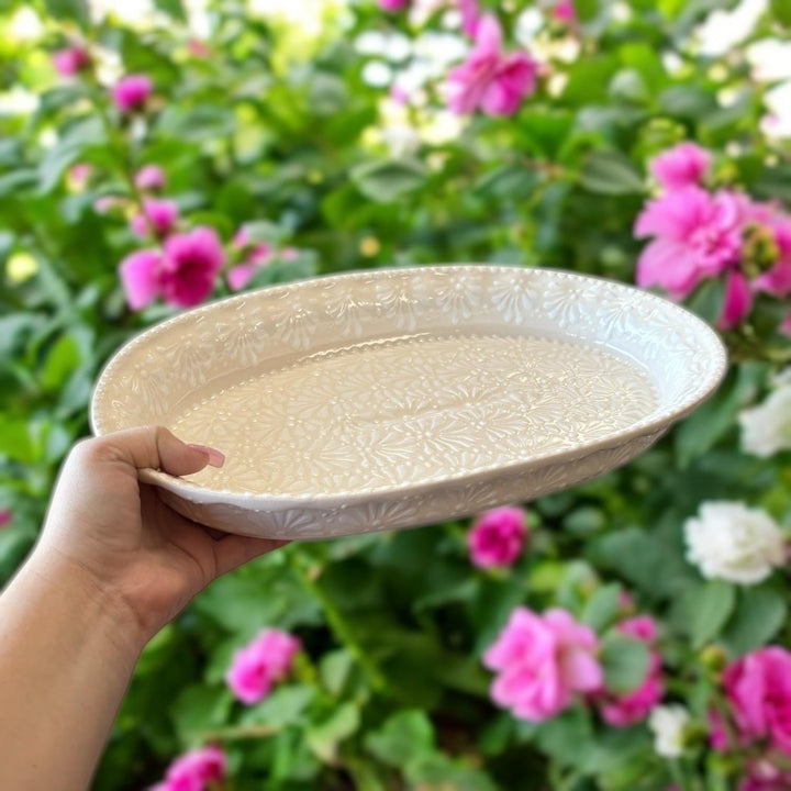 Hand Painted Talavera Ivory and White Oval Dish Platter (Cielito Lindo Inspired)