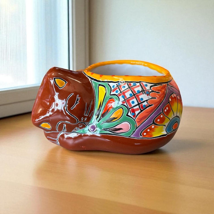 Cute Hand Painted Talavera Sleeping Kitty Cat Planter Pot – Assorted Colors (Varying Design)