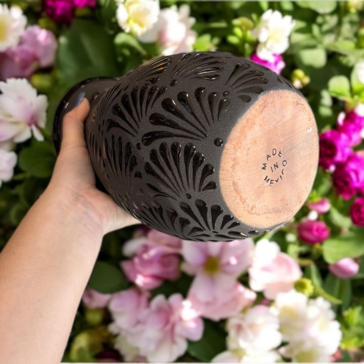 Hand Painted Standard Black Clay and Black Rustic Floral Vase (Cielito Lindo Inspired)