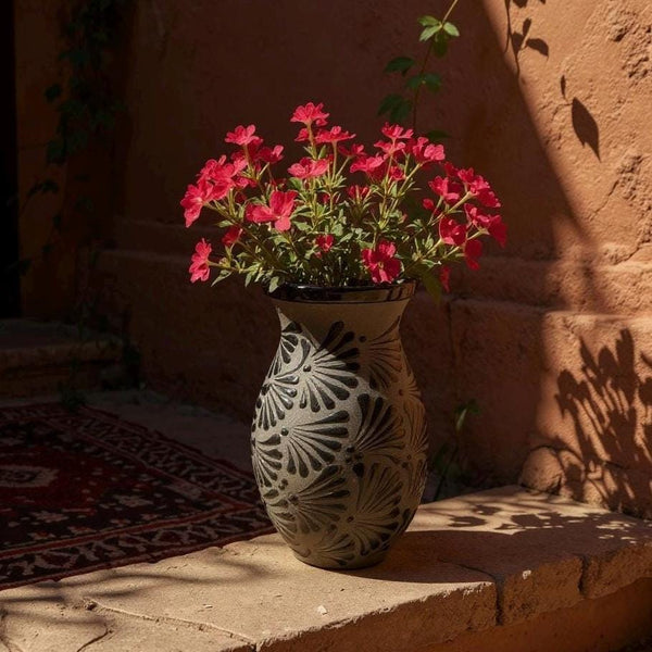 Hand Painted Standard Black Clay and Black Rustic Floral Vase (Cielito Lindo Inspired)