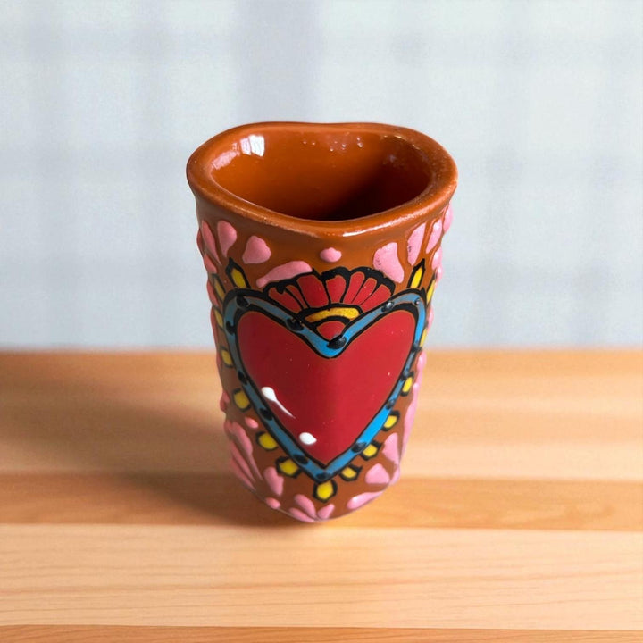 Hand Painted Talavera Dark Brown and Pink Heart Shot Glass “Tequilero” Set – Set of 2, Salt Shaker, & Heart Tray