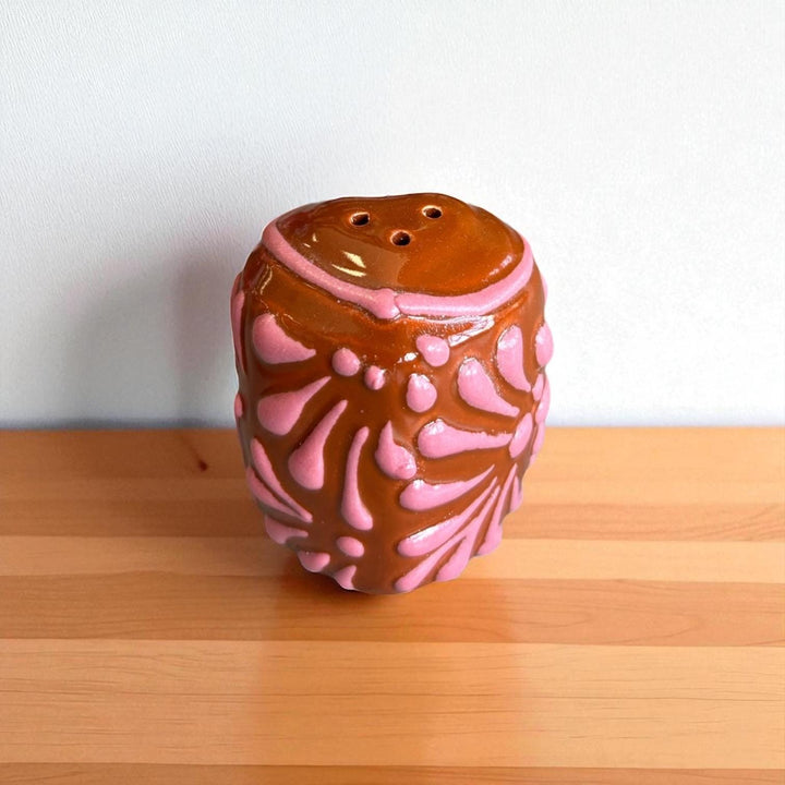 Hand Painted Talavera Dark Brown and Pink Heart Shot Glass “Tequilero” Set – Set of 2, Salt Shaker, & Heart Tray
