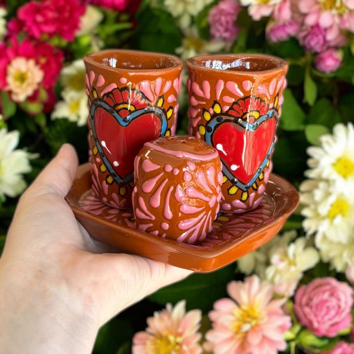 Hand Painted Talavera Dark Brown and Pink Heart Shot Glass “Tequilero” Set – Set of 2, Salt Shaker, & Heart Tray