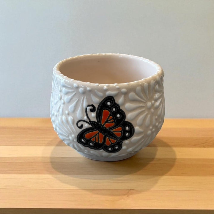 Beautiful Hand Painted Talavera Ivory and White Monarch Butterfly Small Mug – Set of 2