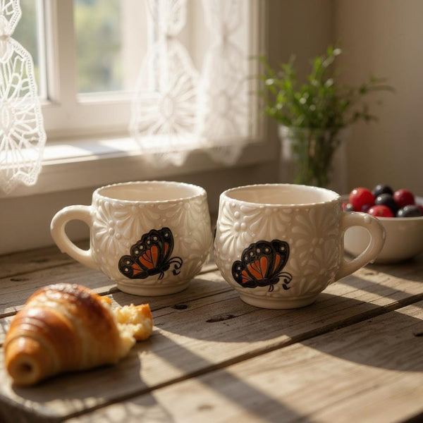 Beautiful Hand Painted Talavera Ivory and White Monarch Butterfly Small Mug – Set of 2