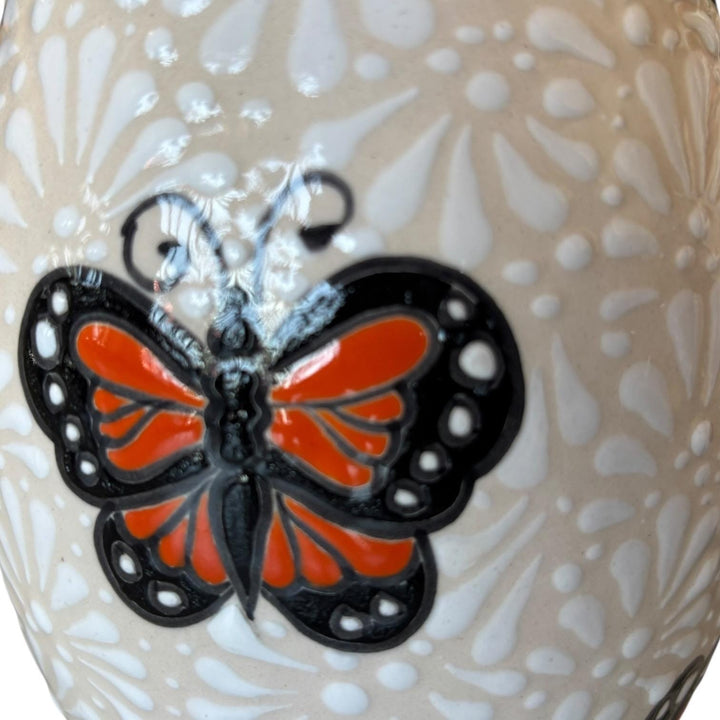 Hand Painted Ivory and White Monarch Buttery Talavera Flower Vase (Cielito Lindo Inspired)