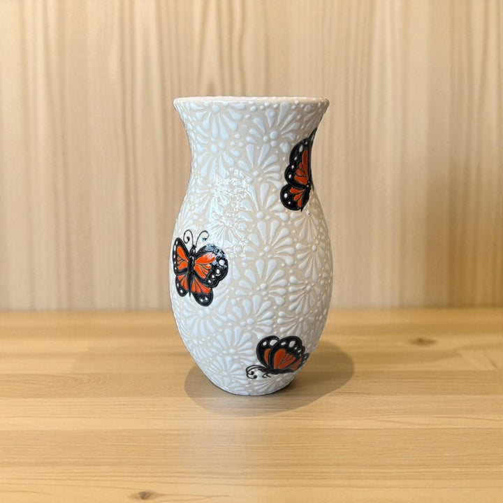 Hand Painted Ivory and White Monarch Buttery Talavera Flower Vase (Cielito Lindo Inspired)
