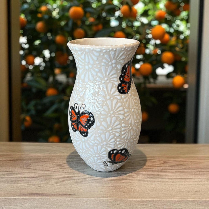 Hand Painted Ivory and White Monarch Buttery Talavera Flower Vase (Cielito Lindo Inspired)
