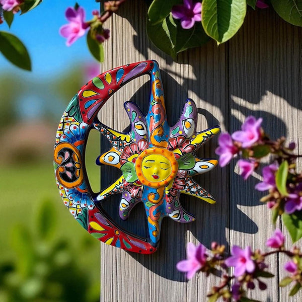 Beautiful Hand Painted Talavera Rustic Sleeping Sun & Crescent Moon Garden Wall Decor – Assorted Designs