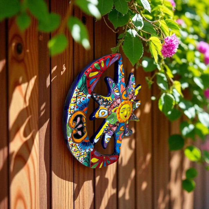 Beautiful Hand Painted Talavera Rustic Sleeping Sun & Crescent Moon Garden Wall Decor – Assorted Designs
