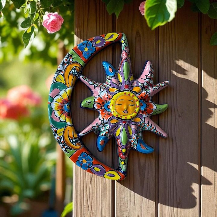 Beautiful Hand Painted Talavera Rustic Sleeping Sun & Crescent Moon Garden Wall Decor – Assorted Designs