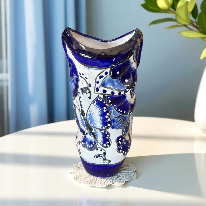 Handpainted Talavera Blue & White Butterfly Cowboy Boot Planter “Bota Vacera” (Varying Design)