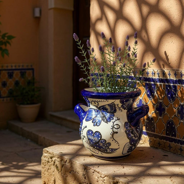 Beautiful Hand Painted Talavera Blue & White Butterfly Planter Pot with Handles (Varying Design)