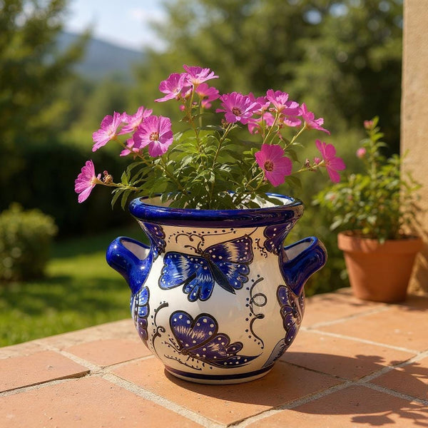 Beautiful Hand Painted Talavera Blue & White Butterfly Planter Pot with Handles (Varying Design)