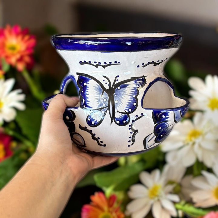 Beautiful Hand Painted Dark Blue and White Butterfly Strawberry Planter (Varying Design)