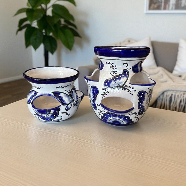 Beautiful Hand Painted Dark Blue and White Butterfly Strawberry Planter (Varying Design)