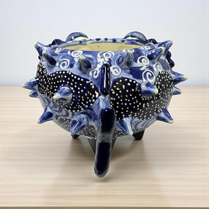 Beautiful Hand Painted Mexican Talavera Dark Blue Pufferfish Planter Pot