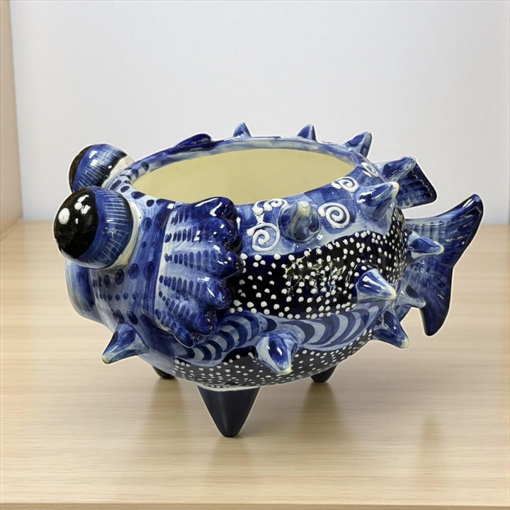 Beautiful Hand Painted Mexican Talavera Dark Blue Pufferfish Planter Pot