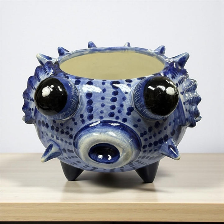 Beautiful Hand Painted Mexican Talavera Dark Blue Pufferfish Planter Pot