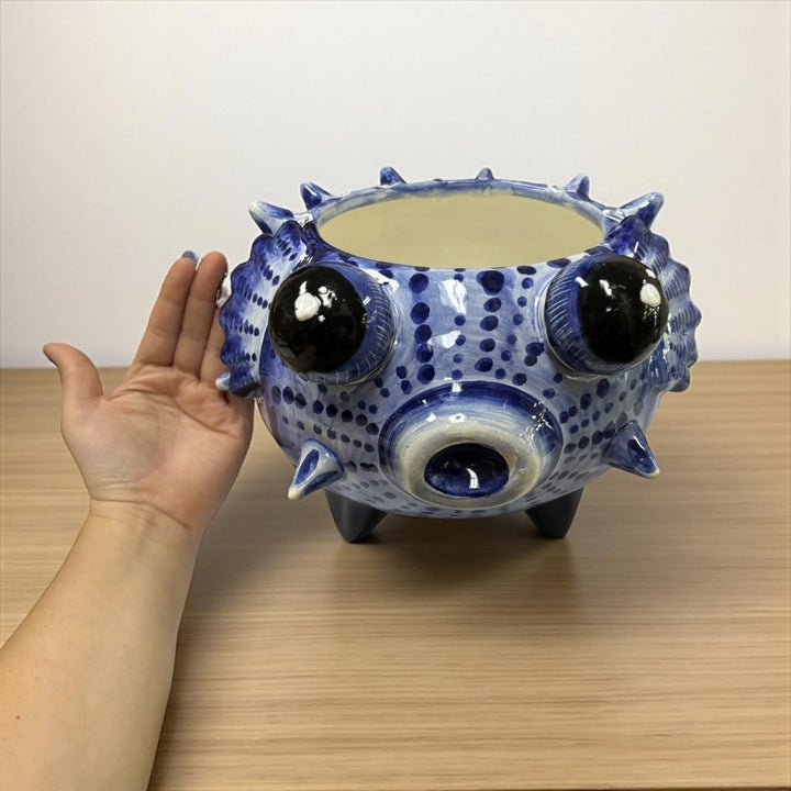 Beautiful Hand Painted Mexican Talavera Dark Blue Pufferfish Planter Pot