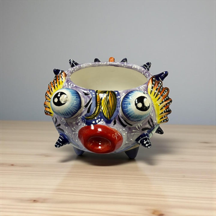Beautiful Hand Painted Mexican Talavera Light Blue Floral Pufferfish Planter Pot