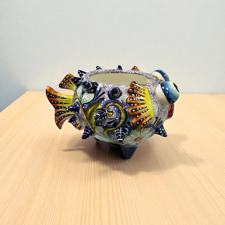 Beautiful Hand Painted Mexican Talavera Light Blue Floral Pufferfish Planter Pot