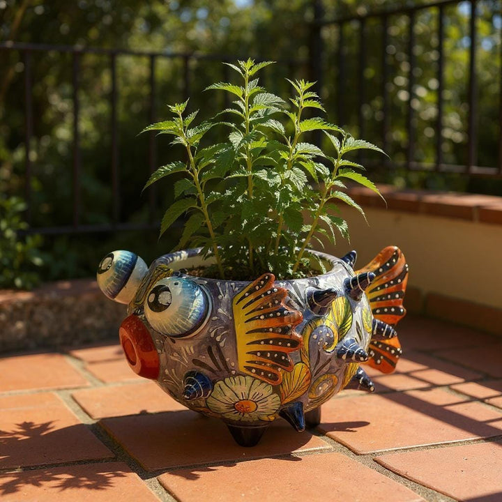 Beautiful Hand Painted Mexican Talavera Light Blue Floral Pufferfish Planter Pot
