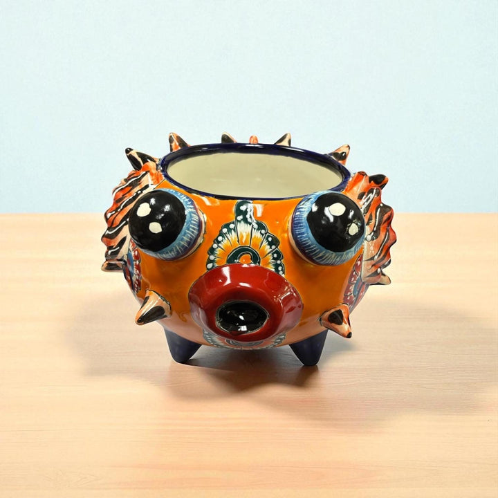 Beautiful Hand Painted Mexican Talavera Orange Floral Pufferfish Planter Pot