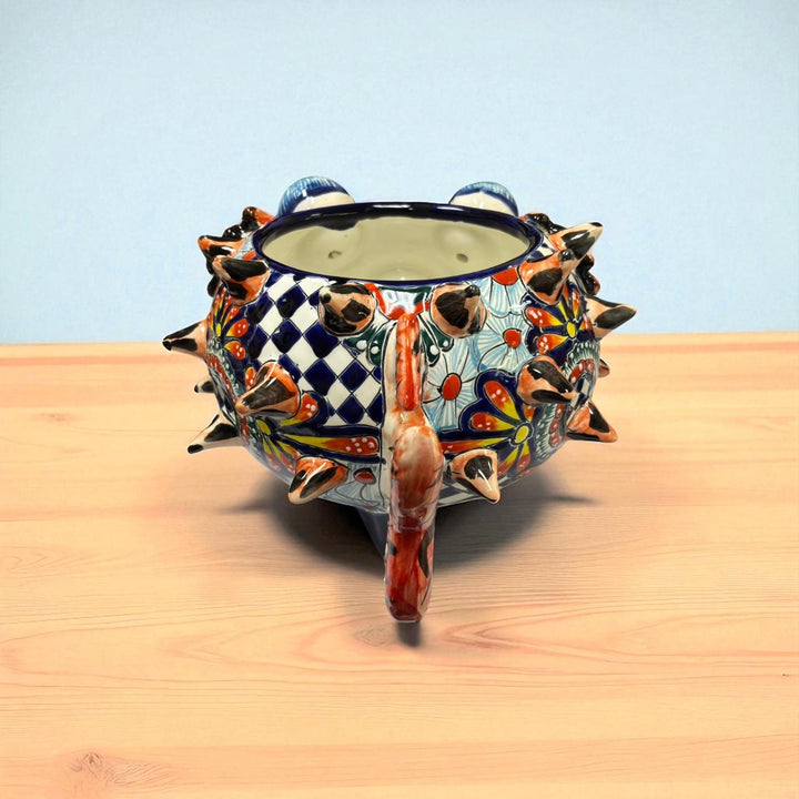 Beautiful Hand Painted Mexican Talavera Orange Floral Pufferfish Planter Pot