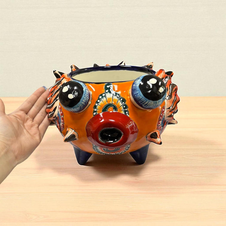 Beautiful Hand Painted Mexican Talavera Orange Floral Pufferfish Planter Pot