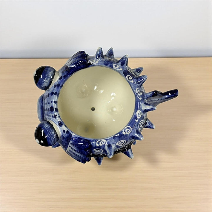 Beautiful Hand Painted Mexican Talavera Orange Floral Pufferfish Planter Pot