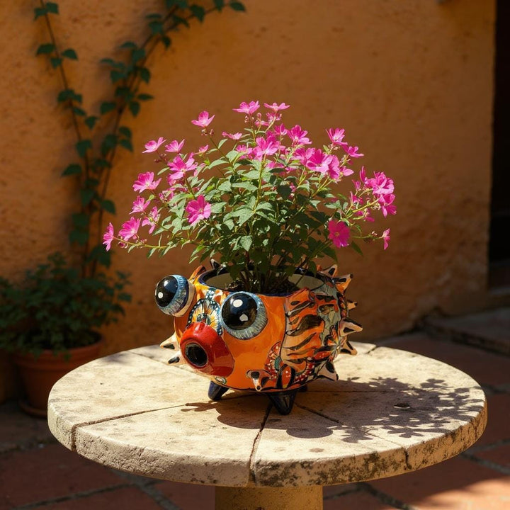 Beautiful Hand Painted Mexican Talavera Orange Floral Pufferfish Planter Pot