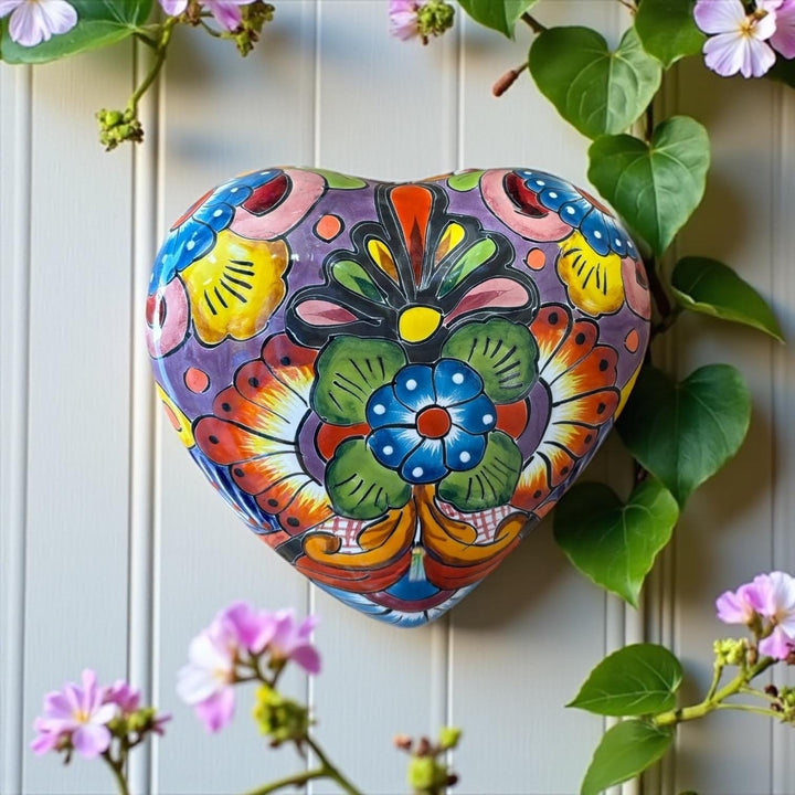 Beautiful Hand Painted Talavera Heart Garden Stone Wall Decor – Assorted Designs