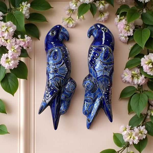 Hand Painted Talavera Love Birds Parrots Garden Wall Decor – Set of 2