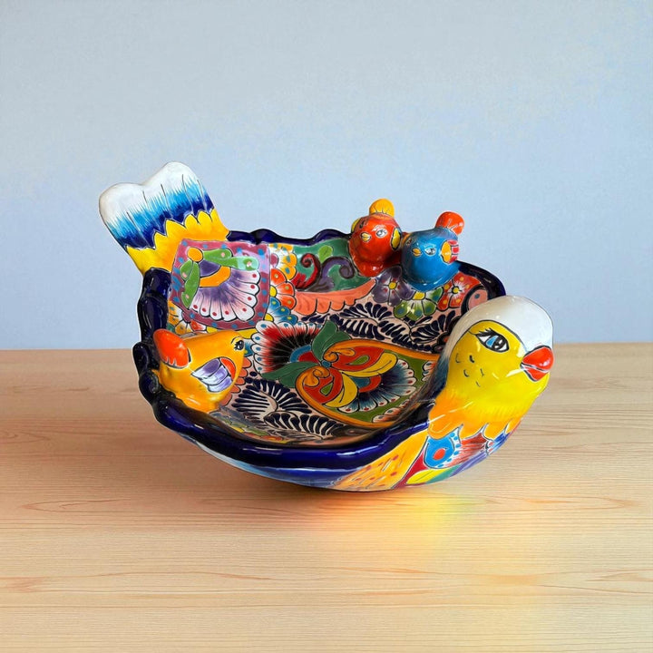 Hand Painted Mexican Talavera Tabletop Yellow Blue Bird Bath