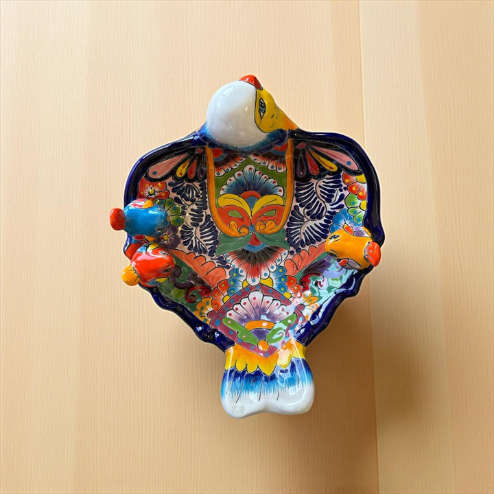 Hand Painted Mexican Talavera Tabletop Yellow Blue Bird Bath