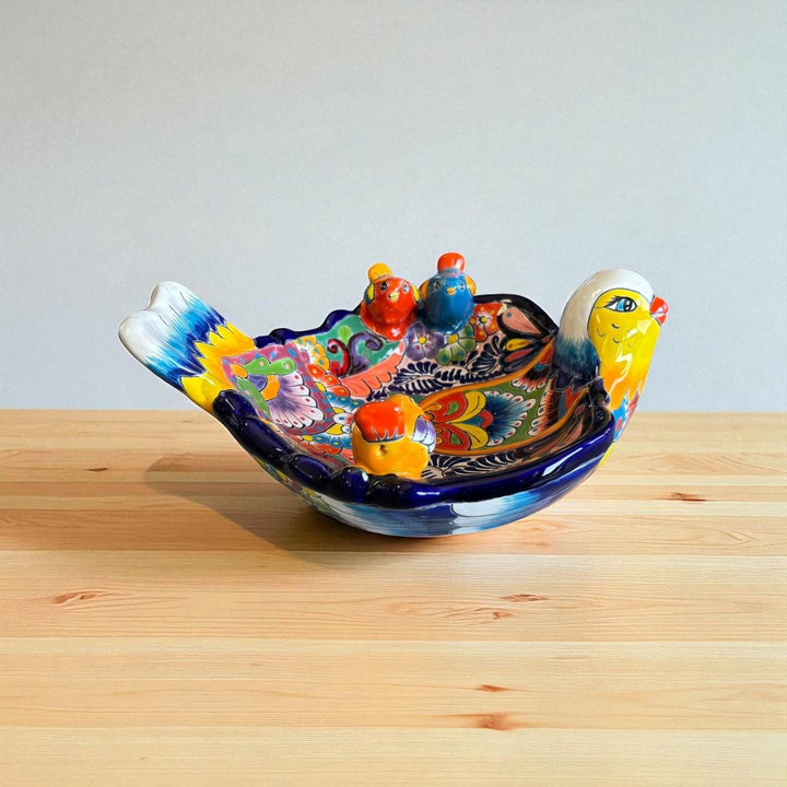 Hand Painted Mexican Talavera Tabletop Yellow Blue Bird Bath