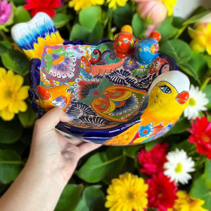 Hand Painted Mexican Talavera Tabletop Yellow Blue Bird Bath