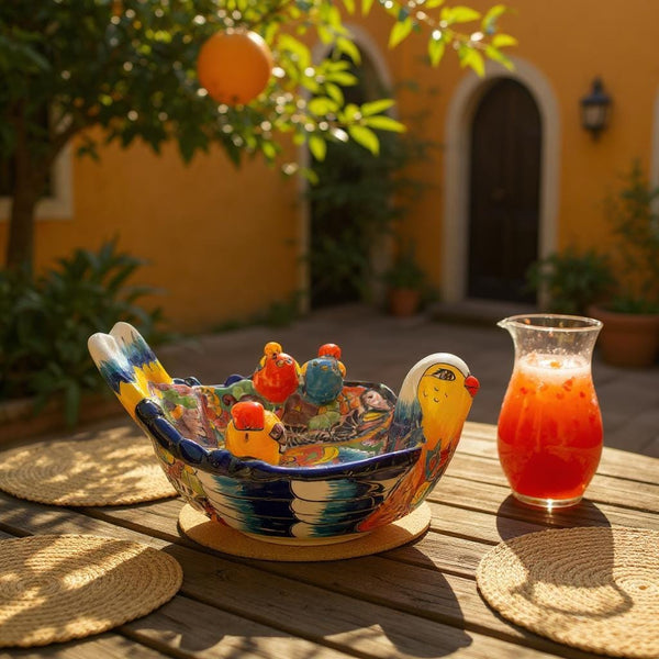 Hand Painted Mexican Talavera Tabletop Yellow Blue Bird Bath