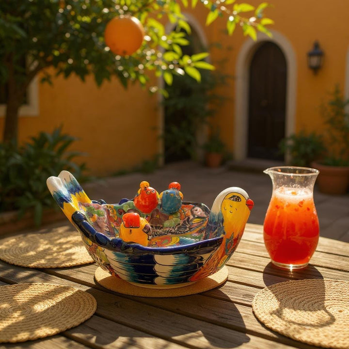 Hand Painted Mexican Talavera Tabletop Yellow Blue Bird Bath