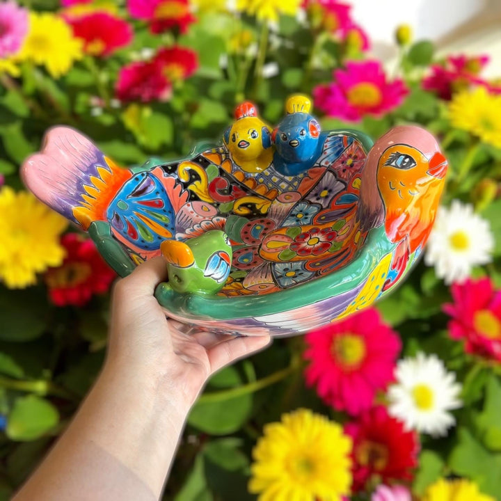 Hand Painted Mexican Talavera Tabletop Pink Aqua Green Bird Bath