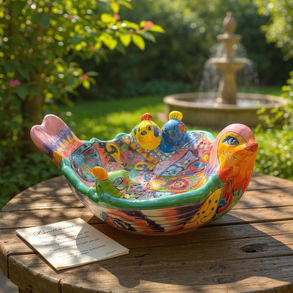 Hand Painted Mexican Talavera Tabletop Pink Aqua Green Bird Bath