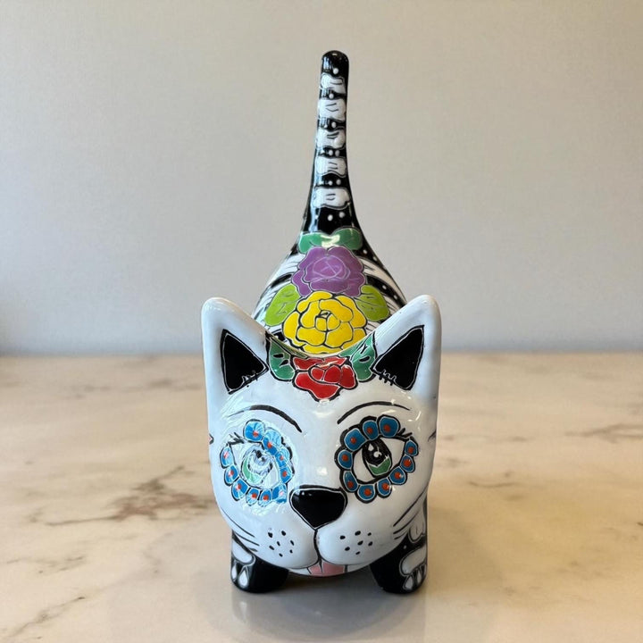 Cute Day of the Dead Hand Painted Talavera Floral Spooky Skeleton Cat Figure (Varying Design)
